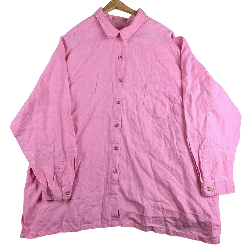 Real Comfort Pink Linen Blend Button Up Shirt Oversized Long Sleeve Pocket L/XL